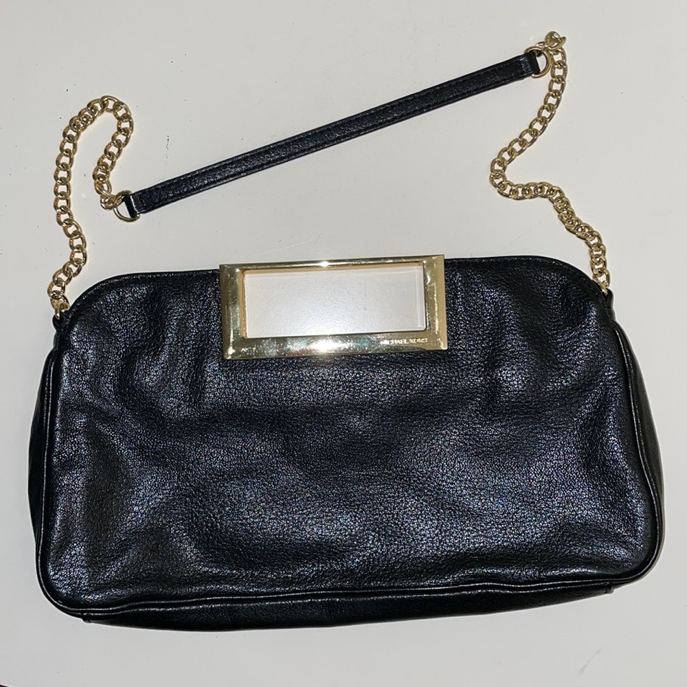 Black Leather Michael Kors Clutch with Gold Strap